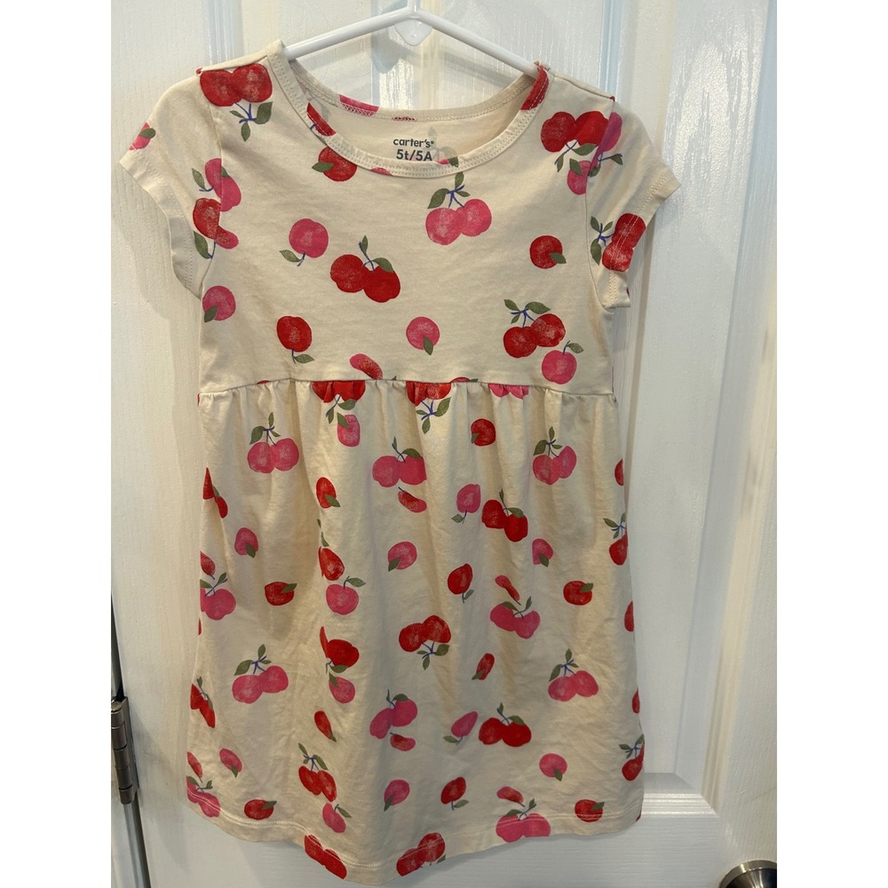 Carter's Jersey Dress Cream Pink Red Cherry Print Short Sleeve Casual Girls 5T